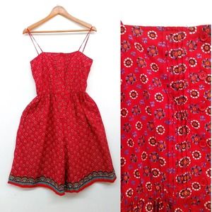Vintage 70s Red Button Front Romper Playsuit Floral Medallions